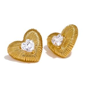 18K Gold Plated Heart Earrings*Diamond Earrings*Vintage Inspired*Waterproof*ML
